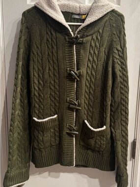 Cabela's Olive Green Cable-Knit Toggle Cardigan with Sherpa Trim